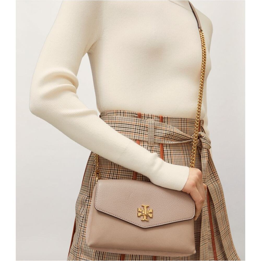 Tory Burch Kira Leather & Suede Shoulder Bag Gray Heron
